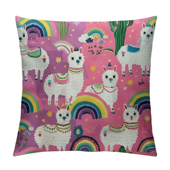 Nawypu Cute Llama Pillow Sham Rainbow Cactus Animal Flower Pink Rectangular Pillow Cover Cushion Cover for Bed Couch Sofa Standard Size