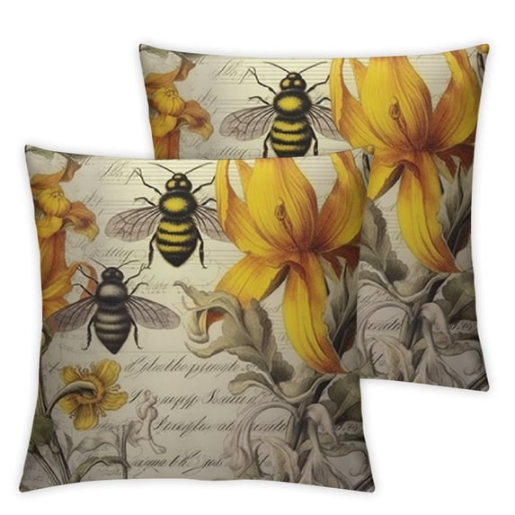 Nawypu French Style Throw Pillow Covers Vintage Bee Queen with Peony Flowers Decorative Throws Pillow Cases 2pcs Retro Bee Modern Pillowcases for Bed Couch 2pcs