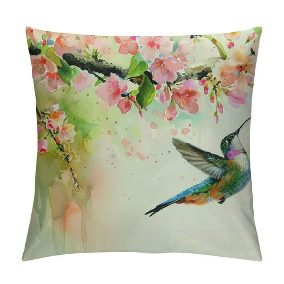 Awypu &nbsp;Hummingbird Flowers Throw Pillow Case Watercolor Flower Spring Bright Green Pillow Covers Decorative Pillow Cover Standard Size Single Side Print