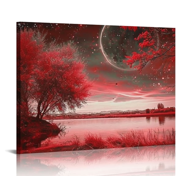 Nawypu wall art for living room Red Lakes and trees under the starry sky red landscape painting office Wall Art Decor single Pieces Canvas Prints Ready to Hang for Home Decoration Works For bedroom