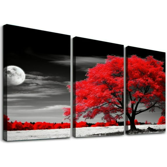 Nawypu wall art for living room Simple Life red moon tree scenery Abstract painting office Wall Art Decor 12''x16''X3 Panels Pieces Canvas Prints Ready to Hang for Home Decoration