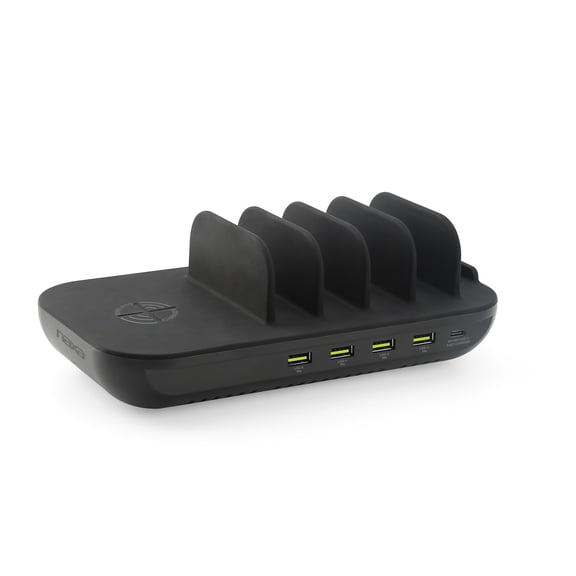 Naxa Electronics NAP-5002 6-in-1 Wireless Charging Station with Qi 10W Wireless, USB-A, and USB-C for Phones and Electronics, Black