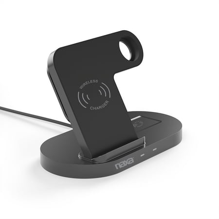Naxa Electronics NAP-5003 3-in-1 Smart Wireless Charging System with Standing Qi 15W Wireless and Qi 3W Wireless Pad for Phones, Apple Watch, and AirPods, Black