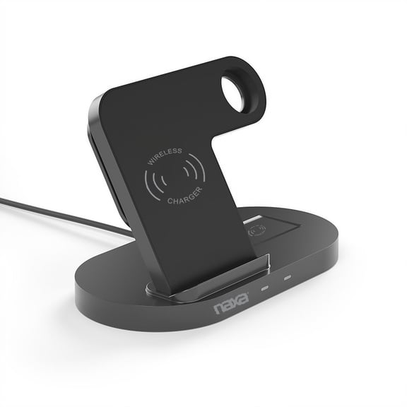 Naxa Electronics NAP-5003 3-in-1 Smart Wireless Charging System with Standing Qi 15W Wireless and Qi 3W Wireless Pad for Phones, Apple Watch, and AirPods, Black