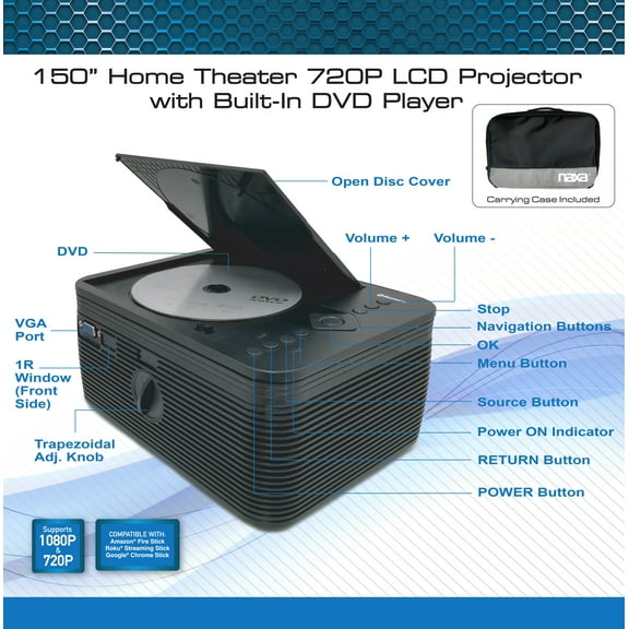 Naxa Electronics NVP-2502C 150-inch Home Theater LCD Projector Combo with Built-in DVD Player, Remote, and Case, Gaming Consoles, Bluetooth, HDMI x 2, USB 2.0, MicroSD Support, VGA, Black (NVP-2502C)