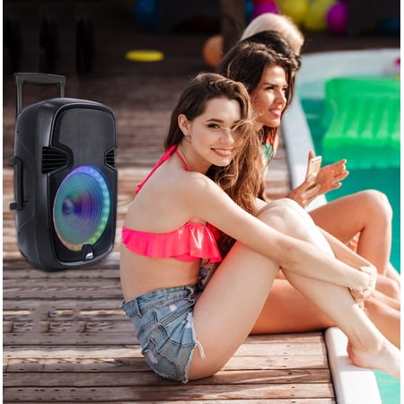 Naxa NDS-1520 Portable 15" Bluetooth Party Speaker with Circular Multi-Color Disco Light, Up to 2 Hours Play Time, Microphone, FM Tuner, USB Port, MicroSD Card Slot, and 3.5mm Input, Black