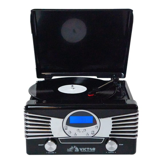 VICTOR Diner 7-in-1 Turntable Music Center with 3-Speed Record Player, CD/MP3 Player, AM/FM Radio, Dual Bluetooth In & Out, USB Playback & Record, and Built-in Stereo Speakers, Black (VHRP-1400-BK)