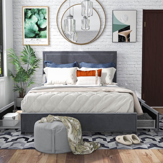 Naxime 4-Drawer Fabric Platform Bed, Queen, Gray