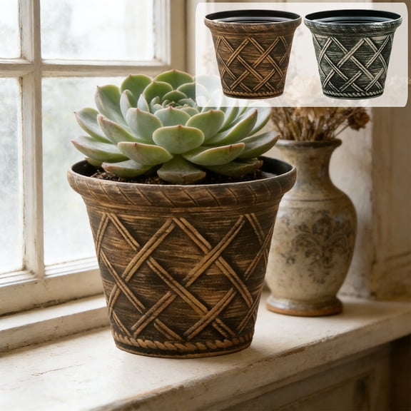 Naxoaeo 9 Inch Roman Rattan Planter, Thickened Plastic Flower Pot for Succulents, Green Radish, Balcony Garden, Outdoor Indoor Decorative Plant Pot, Large Container for Vegetables, Herbs, Bonsai