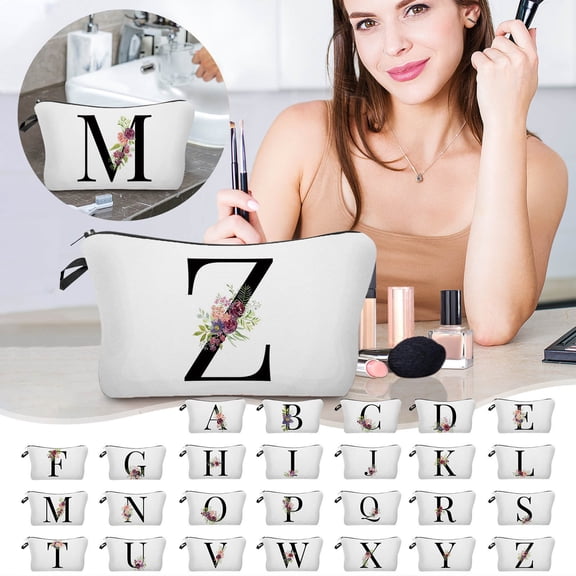 Naxoaeo Alphabet Initial Makeup Bag, Floral Print Cosmetic Pouch for Women, Large Capacity Travel Toiletry Organizer, Birthday Gift for Mom Friend Bridesmaid, 7.1 inch, Gift