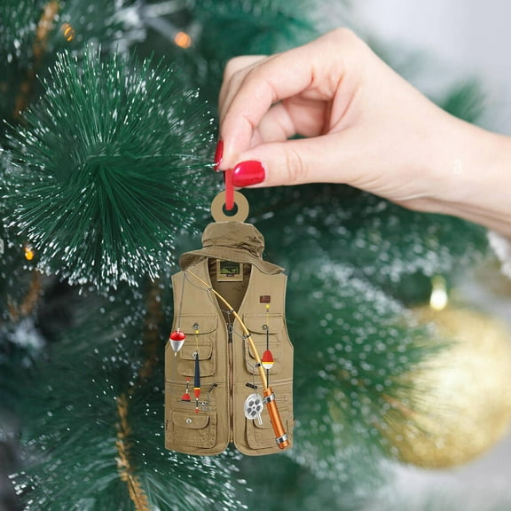 Naxoaeo Personalized Fisherman Jacket Christmas Ornament 2024 Fisherman Vest with Fish Line Rod & Dangle Trapper for Xmas Tree | Gone Fishing Keepsake