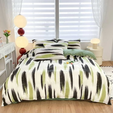 Naxoaeo Clearance Queen Comforter Set Light Stripe Reversible Bedding - 4 Pieces Lightweight Gray White Colorblock Stripe Fluffy Bedding Comforter Sets, All Season Bed Set