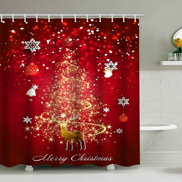 Naxoaeo Clearance Red Christmas Shower Curtains for Bathroom, Christmas Winter Holiday Shower Curtain Xmas Santa Tree Print, Christmas Bathroom Decor Set with Hooks