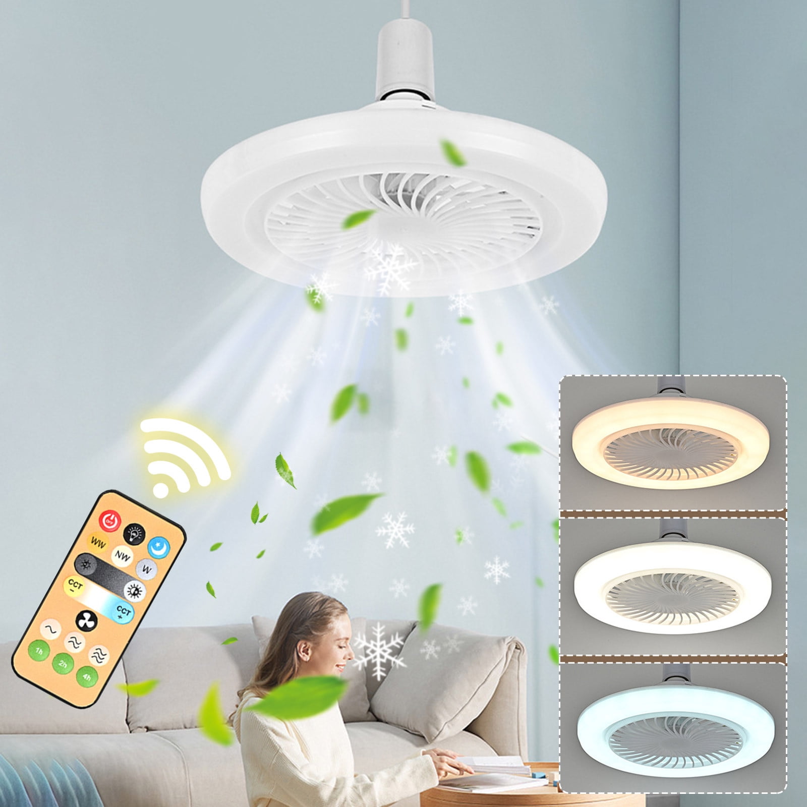 Naxoaeo Socket Fan Light with Remote Control, 3 Colors Dimmable LED ...