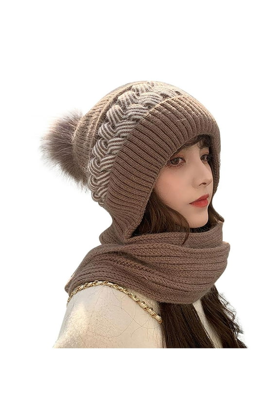 Clearance Womens Beanie and Scarf Set for Girls Warm Knit Winter Ski Hat with Fleece Lined, Elastic Warm Conjoined Ear Protection Knitted Hat, Winter Beanie Hat Scarf