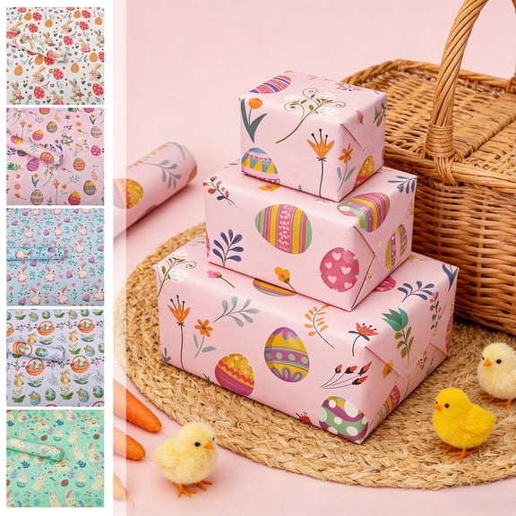 Naxoaeo Easter Gift Wrapping Paper, 19.6x27.5 Inch Festive Decorative Sheets, Cute Bunny Egg Flower Print, Durable Tear-Resistant Kraft Paper for Holiday Gift Wrap, DIY Crafts, Spring Party Supplies