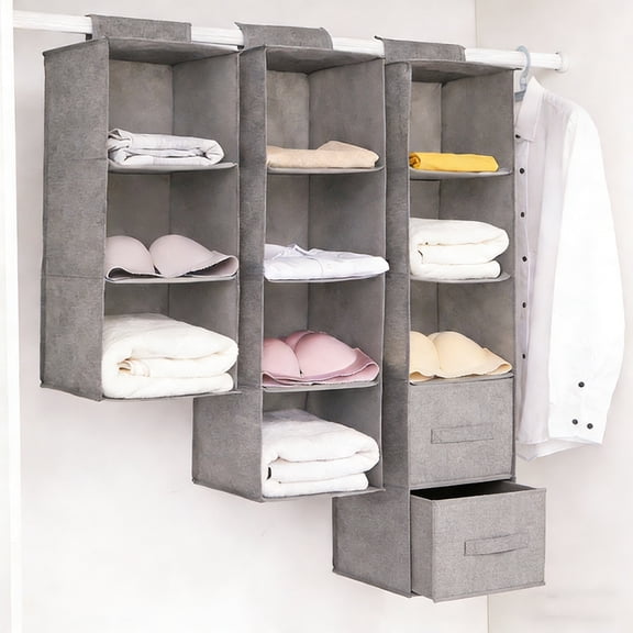 Naxoaeo Foldable Hanging Shelf Organizer, Closet Storage Rack for Kids Baby Clothes, Large Capacity Hanging Shelves for Nursery Dorm Room, Fabric Organizer, Gray