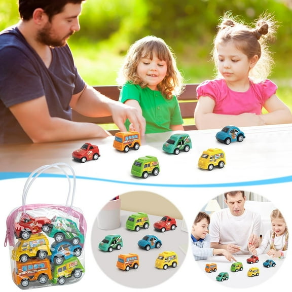 Naxoaeo Mini Inertia Cars Set of 6, Pull Back Toy Vehicles for Toddlers, No Battery Required, Cartoon Cars in Portable Handbag, Gift for Boys Girls Children