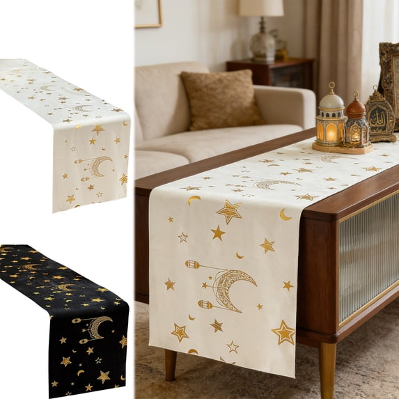 Naxoaeo Ramadan Table Runner, 71x13 Inch Linen Texture Tablecloth, Heat Insulation Placemat, Washable Dining Table Decor for Kitchen, Islamic Holiday Party Decoration