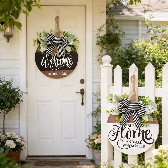 Naxoaeo Round Wooden Welcome Wreath, Bow Front Door Hanging Decor, Indoor Outdoor Farmhouse Wall Decoration, Rustic Round Wreath for Home Porch, 12 inch