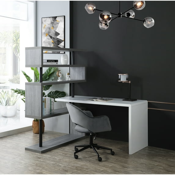 Naya Rectangular MDF Reversible Desk with Shelf, White/Grey