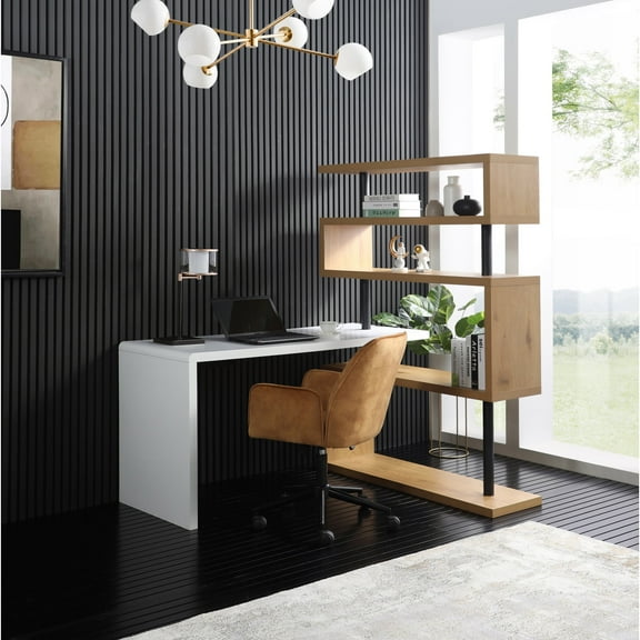 Naya Rectangular MDF Reversible Desk with Shelf, White/Natural Open Storage