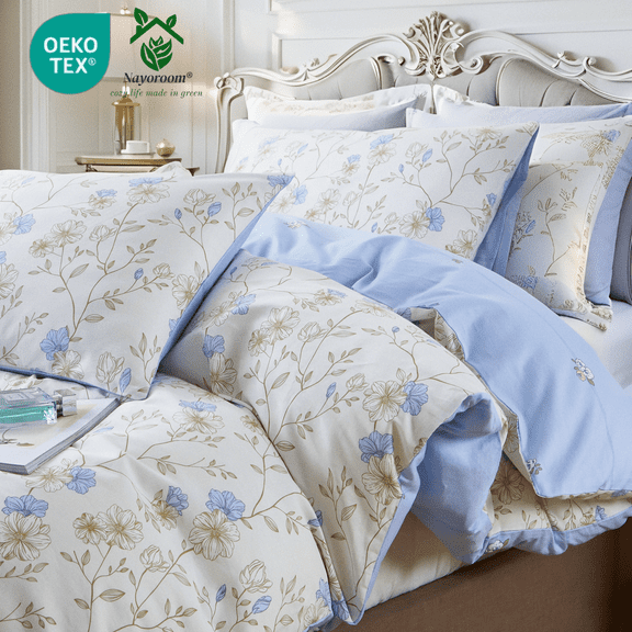Nayoroom 100% Organic Cotton Duvet Cover Set, 3 Pieces Blue Floral Vintage Reversible Soft Bedding Set King