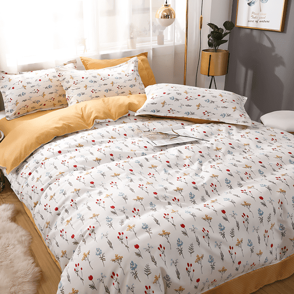 Nayoroom 100% Organic Cotton Duvet Cover Set, 3 Pieces Colorful Floral Leaves White Reversible Soft Bedding Set Queen