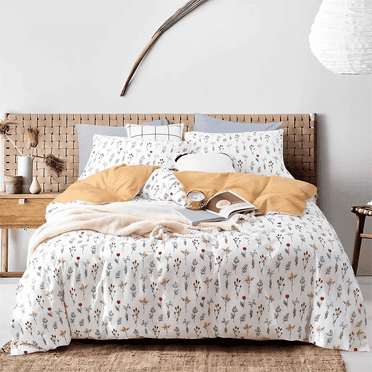Nayoroom 100% Organic Cotton Duvet Cover Set, 3 Pieces Colorful Floral Leaves White Reversible Soft Bedding Set Queen