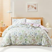 Nayoroom 100% Organic Cotton Duvet Cover Set, 3 Pieces Colorful Flowers White Duvet Cover Reversible Soft Bedding Set King