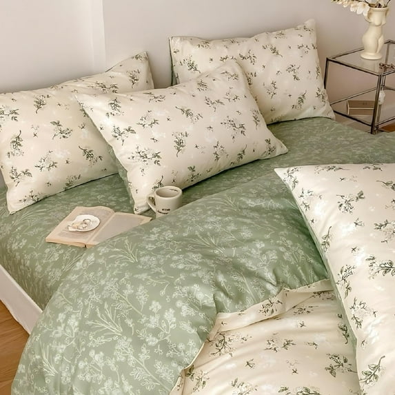 Nayoroom 100% Organic Cotton Duvet Cover Set, 3 Pieces Vintage Green Floral Reversible Soft Bedding Set Queen