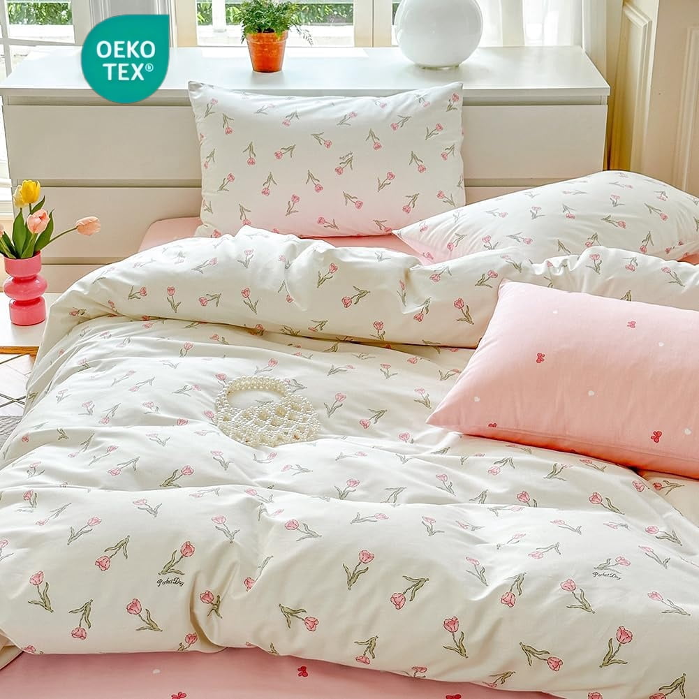 Nayoroom 100% Organic Cotton Duvet Cover Set, 3 Pieces White Pink Floral Flower Tulip Reversible Soft Bedding Set King