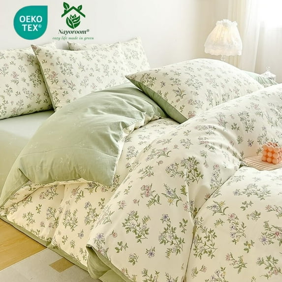 Nayoroom 100% Organic Cotton Duvet Cover Set, 3 Pieces White with Green Leaves Pink Flowers Pattern Reversible Soft Bedding Set King