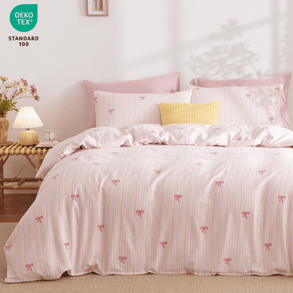 Nayoroom 2 Pieces Cartoon Pink Bowknot Pattern Twin Comforter Set Cotton-Like Soft and Skin-friendly Coquette Comforter Set Girls Teens Gentle Pink Lightweight Bedding Set