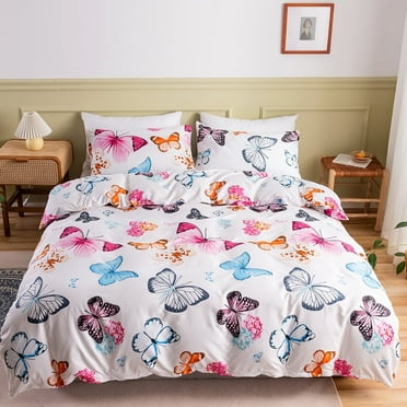 Nayoroom 3 Piece Colorful Butterfly White Duvet Bedding Set, Queen