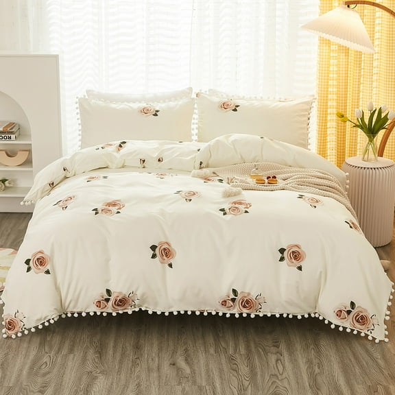 Nayoroom 3-Piece White Pink Roses Duvet Bedding Sets, Full