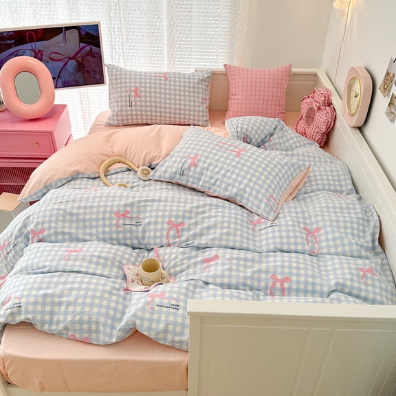 Nayoroom 3 Pieces Cute Cartoon Bowknot Queen Comforter Set Pink Bow Blue Plaid Kawaii Geometric Princess Bedding Set Home Cozy and Breathable Comforter Set for Kids Girls Boys