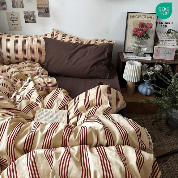 Nayoroom 3 Pieces Retro Striped Comforter Set Vintage Red Stripes Pattern Printed Bedding Set Soft Breathable Geometric Comforter Set for All Seasons,King Size