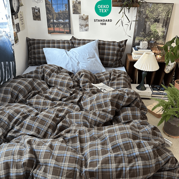 Nayoroom 3 Pieces Vintage Brown & Blue Buffalo Plaid Comforter Set Soft & Breathable Microfiber Bedding Set with Pillowcases,Full Size
