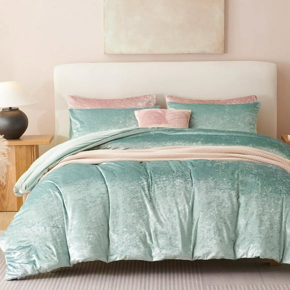 Nayoroom 3 Pieces Water Green Velvet Duvet Cover Luxury Winter Boho Crinkle Light Sequin Glossy Sparkle Glitter Vibrant Textured Reversible Washed Cotton King Bedding Set