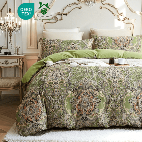 Nayoroom Boho Duvet Cover King Size, 3 Pieces Boho Vintage Flowers Reversible Soft Microfibre Duvet Cover Set, Olive