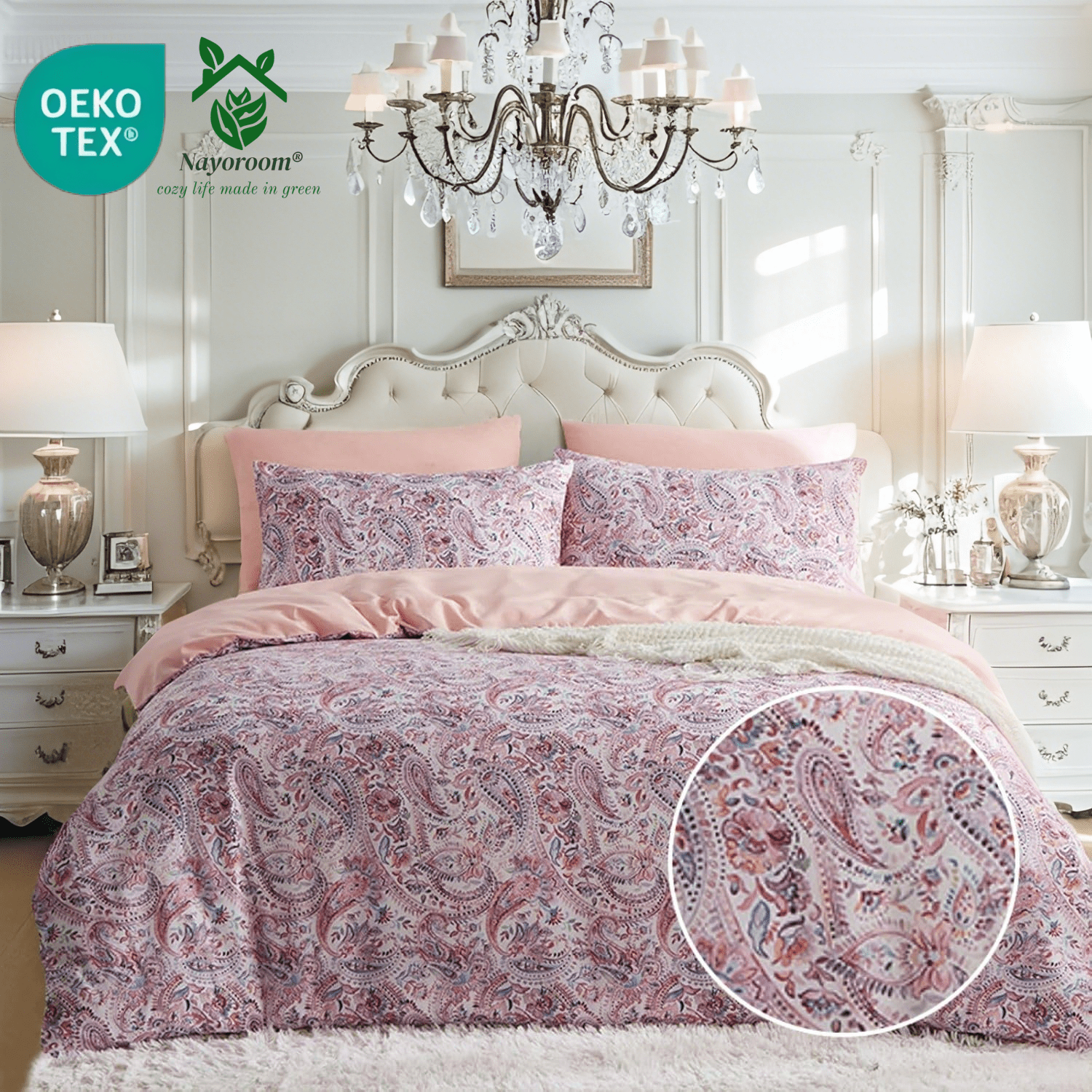 Nayoroom Duvet Cover King Size, 3 Pieces Pink Vintage Flowers Reversible Boho Bed Linen Set Soft Microfibre Duvet Cover Set