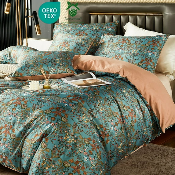 Nayoroom Boho Duvet Cover Queen Size, 3 Pieces Boho Vintage Flowers Reversible Soft Microfibre Duvet Cover Set,Teal