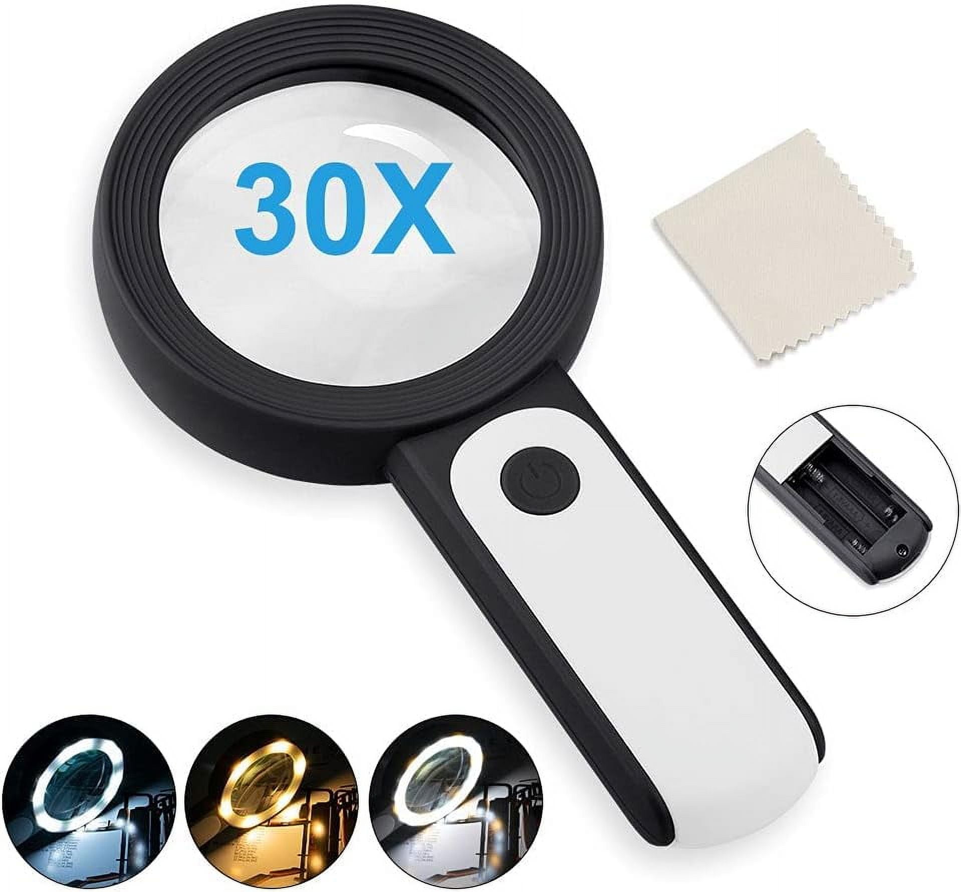 Nazano Magnifying Glass with 18 LED Lights Double Glass Lens, 30X Hand Magnifier with Large Illuminated Reading Magnifier for Seniors Reading, Coins, Stamps, Map, Inspection, Battery not included