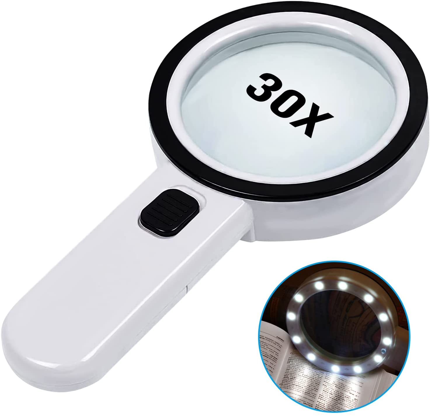 Magnifying Glass with 12 LED Lights, 30X Double Glass Lens Handheld