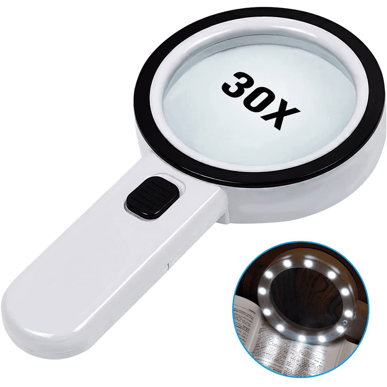 30X Handheld Large Magnifying Glass 12 LED Illuminated Lighted Magnifier -  China 30X Magnifying Glass, Large Magnifying Glass