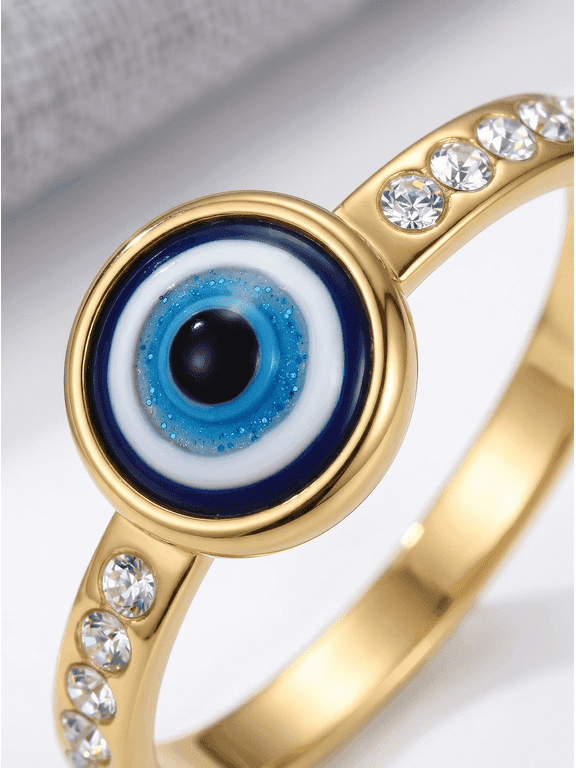 Women's Statement Evil Eye Nazar Ring, Gold Tone Stainless Steel With Blue Enamel
