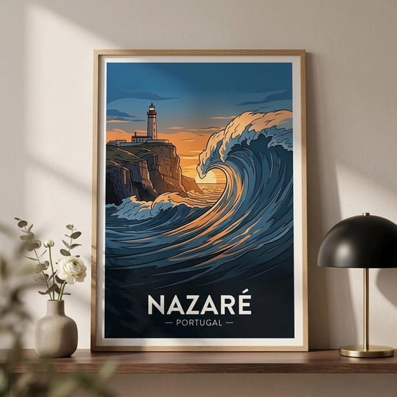 Nazaré Portugal Poster Big Wave Surf Art Coastal Home Decor Lighthouse Wall Print Vintage Ocean Wave Surfer Gift Beach House Art
