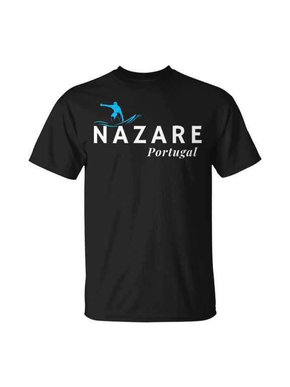 Nazare Portugal Wave Surf Tee Unisex Adult Cotton T-Shirt with Surfing Graphic Casual Shirt for Surfers and Beach Lovers, Size S, Color Black