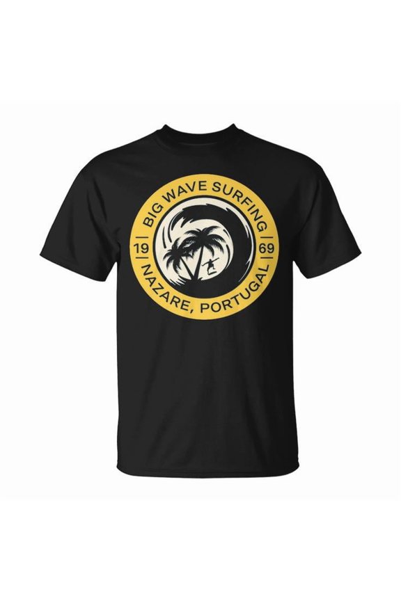 Nazare Surfing Big Wave Graphic Tee Unisex Adult Cotton Portugal Surfer T-Shirt for Beach Lovers or Casual Wear, Size 4XL, Color Black
